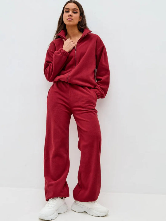 Damen Komfortables Fleece-Loungewear-Set mit kurzem Zip-Top und weiter High-Waist-Hose Shop Nory