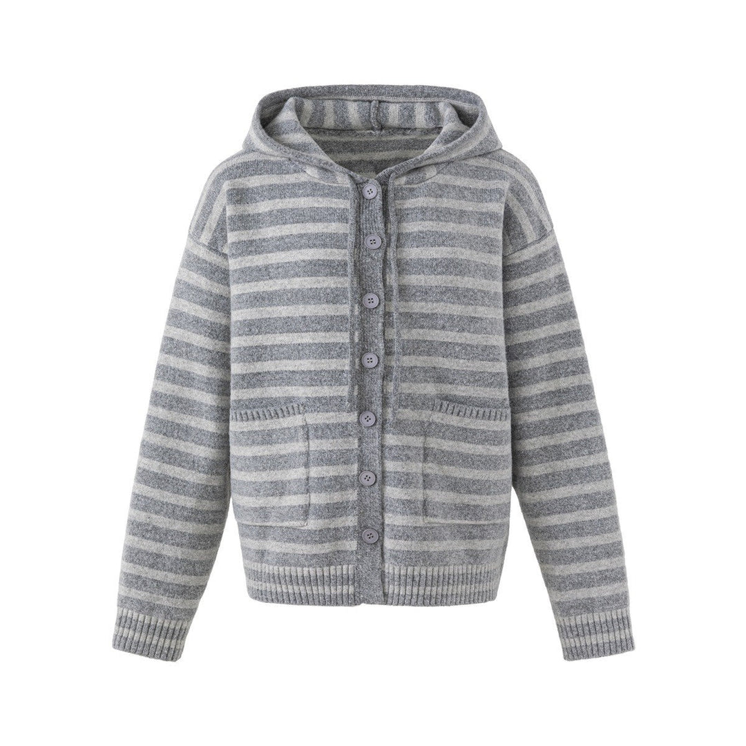 Damen Gestreifte Strickjacke mit Kapuze, durchgehender Knopfleiste und aufgesetzten Taschen Shop Nory