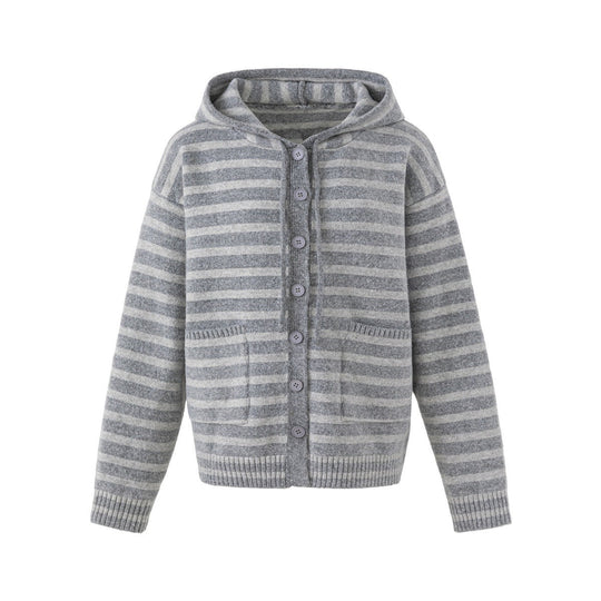 Damen Gestreifte Strickjacke mit Kapuze, durchgehender Knopfleiste und aufgesetzten Taschen Shop Nory