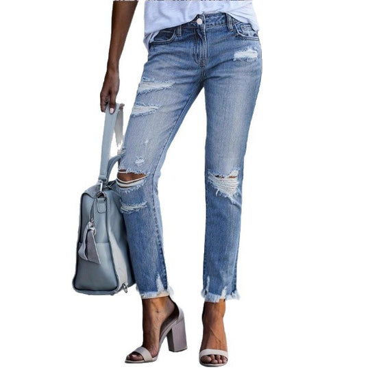Damen Lässige Cropped-Jeans mit Zerrissenem Destroy-Design, hoher Taille und asymmetrischem Fransenabschluss Shop Nory