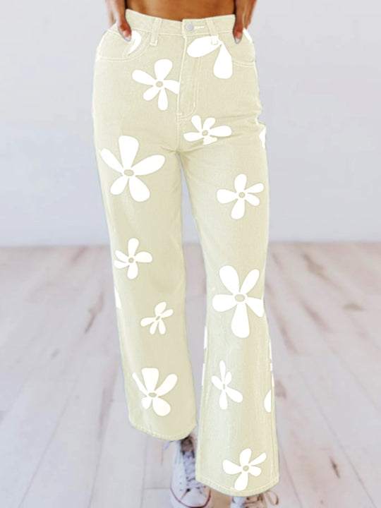 Damen Hochtaillierte Wide-Leg-Jeanshose mit großflächigem Blumenprint Shop Nory