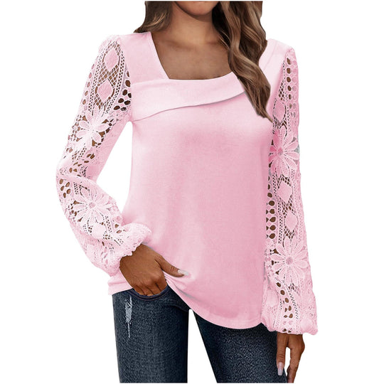 Damen Bluse mit quadratischem Ausschnitt und gehäkelten Spitzenärmeln Shop Nory