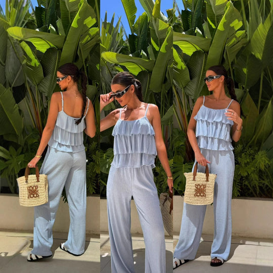 Damen Plissee-Volant-Cropped-Top mit Spaghettiträgern und weitem High-Waist-Hose-Set Shop Nory