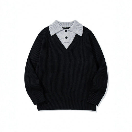 Unisex Grobstrick-Kastenpullover mit V-Ausschnitt und kontrastierendem Polo-Knopfkragen Shop Nory