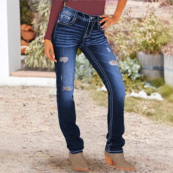 Damen Sculpting‑Straight‑Denim mit kontrastierender Nahtführung und Destroyed‑Details Shop Nory