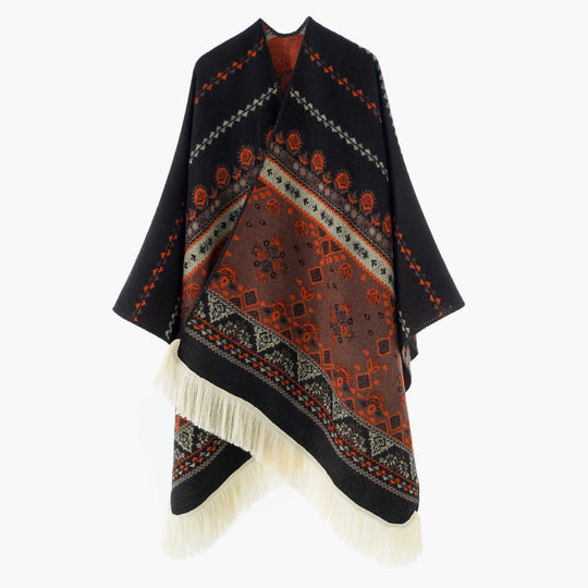 Damen Jacquard‑Ruana mit Fransen und folklorem Muster Shop Nory