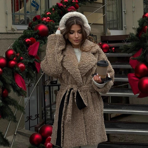 Damen Kurzer Oversized Wintermantel mit Teddy-Futter und Taillengürtel Shop Nory