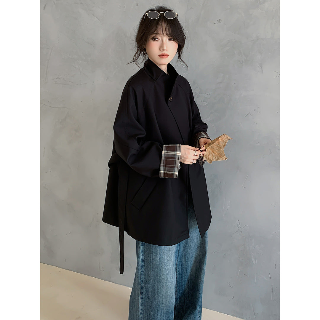 Damen Oversize Trenchcoat mit Taillengürtel und karierter Ärmelaufschlag Shop Nory