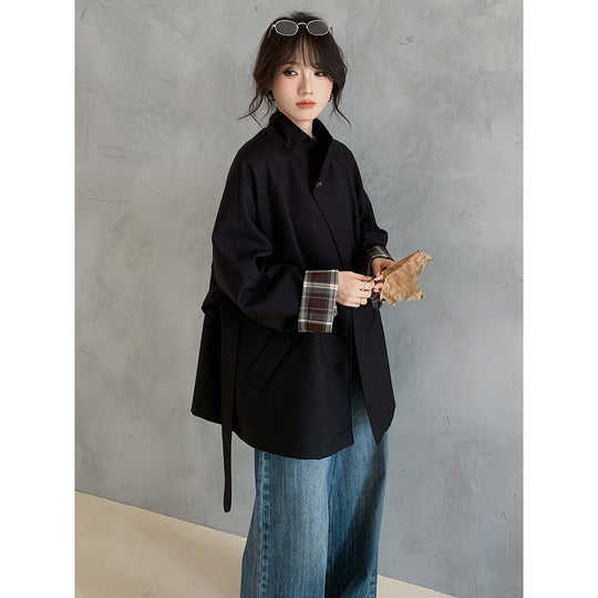 Damen Oversize Trenchcoat mit Taillengürtel und karierter Ärmelaufschlag Shop Nory