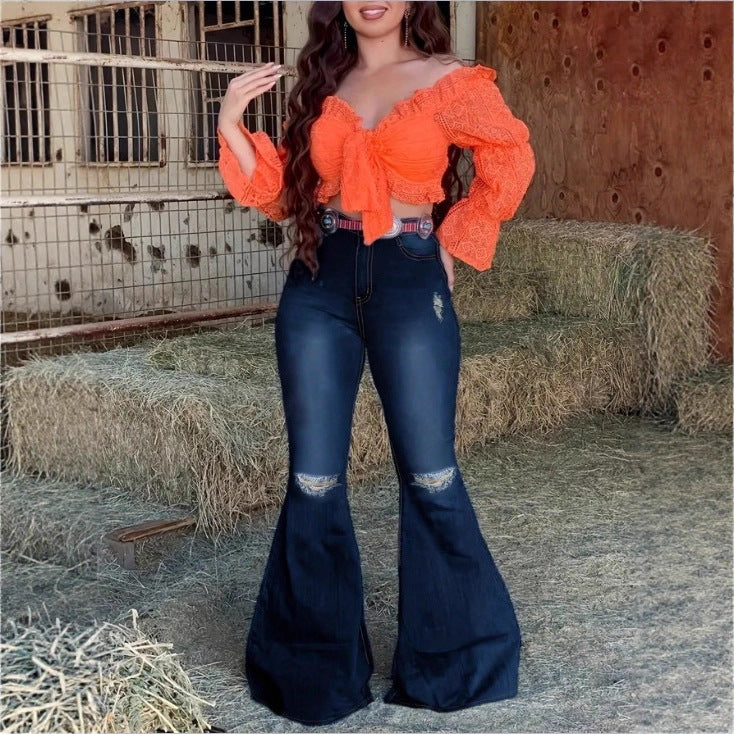 Damen Hochtaillierte Schlaghose-Jeans mit ausgestelltem Bein, Knie-Rissen und figurformendem Stretchbund Shop Nory