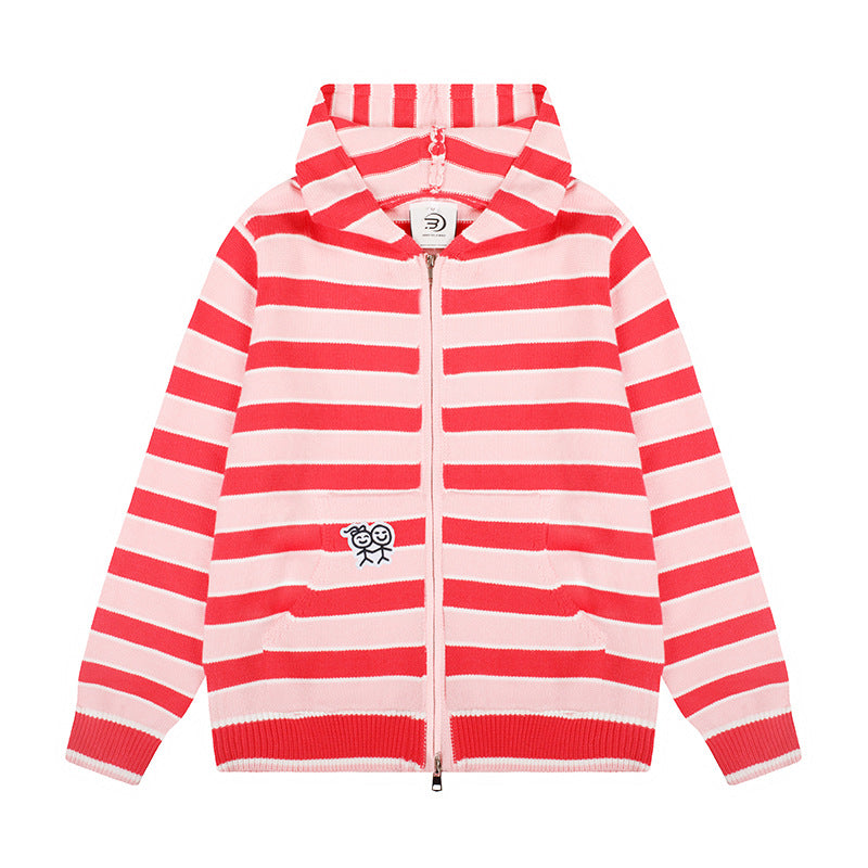 Damen Kapuzen‑Strickjacke mit durchgehendem Reißverschluss, gestreifter Struktur und Stickdetail Shop Nory