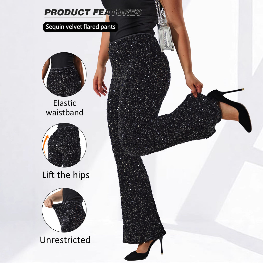 Damen Glamouröse Pailletten-Flared-Hose mit hohem Bund und Stretch Shopy Nory