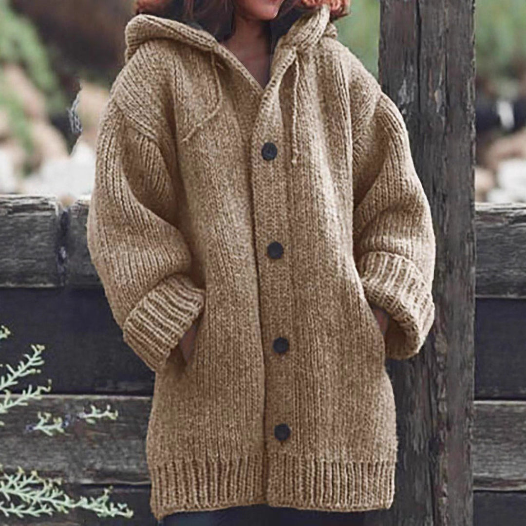 Damen Langgezogener Grobstrick-Mantelcardigan mit Kapuze, überschnittener Schulter und großen Knöpfen Shop Nory