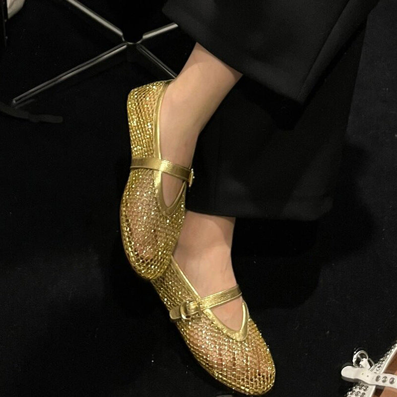 Damen Ballerinas mit goldenem Netzdesign und modischem Riemchen