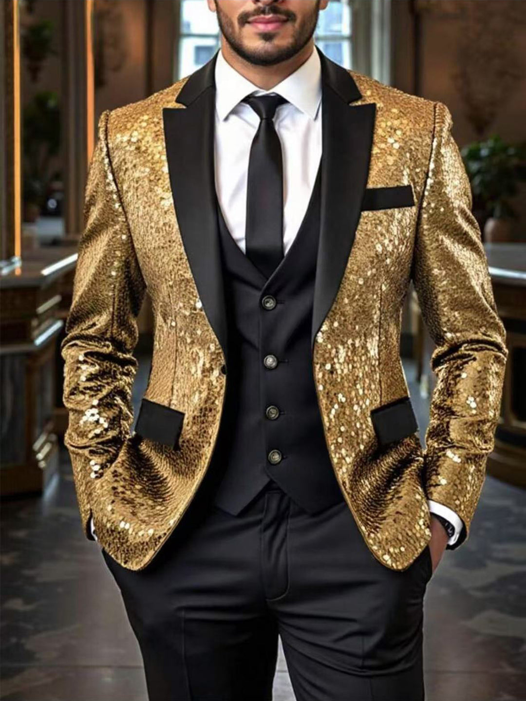 Herren Pailletten‑Sakko mit Satin‑Schalkragen und tailliertem Schnitt Shop Nory