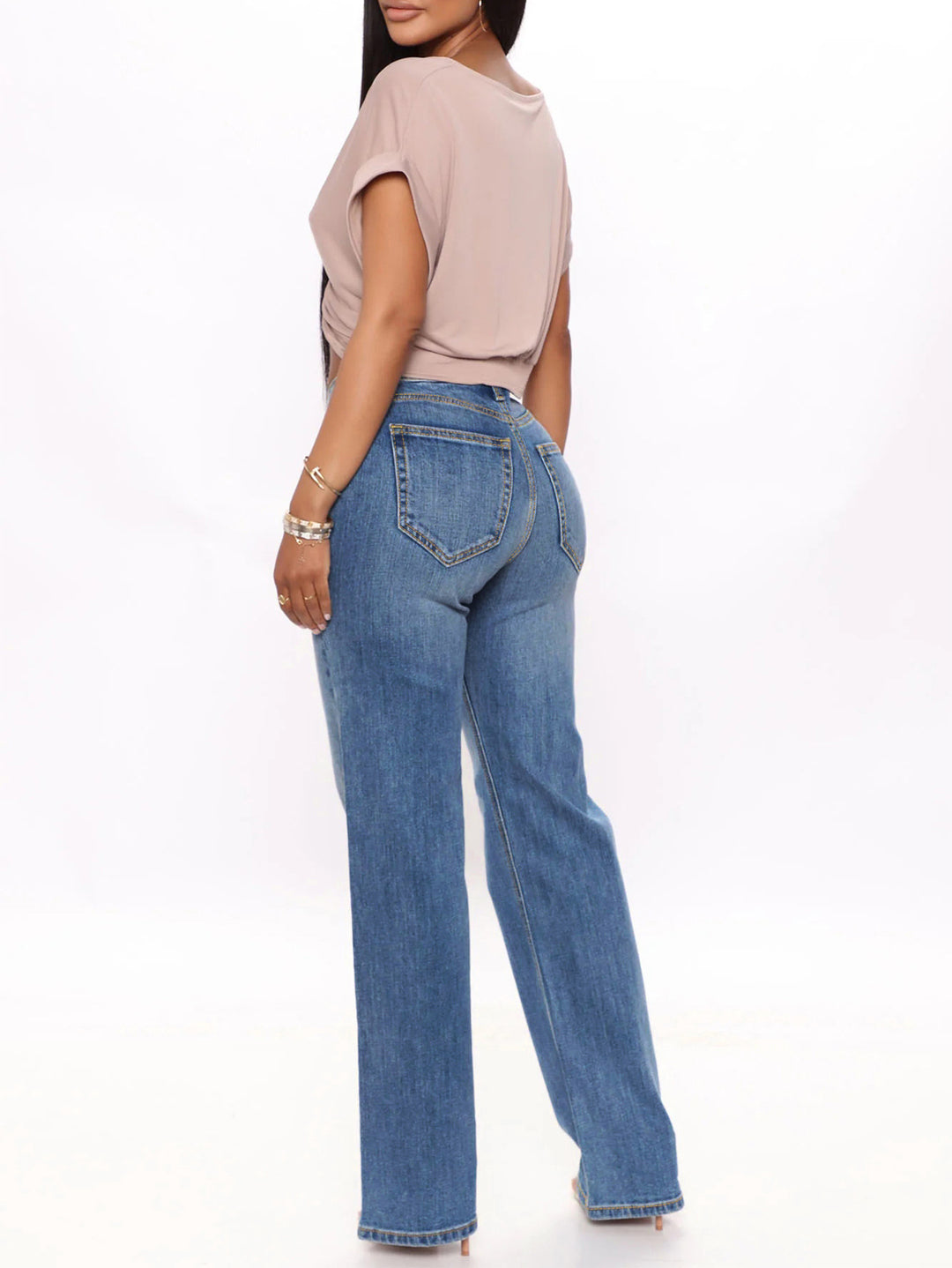 Damen Hochtaillierte Gerade‑Bein-Jeans im Retro‑Stil mit weitem Saum und Fünf‑Taschen‑Design Shop Nory