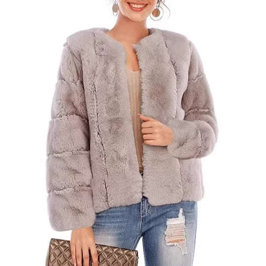 Damen Kurze Plüsch-Bomberjacke aus Kunstpelz mit kastiger Silhouette und Paneelärmeln Shop Nory