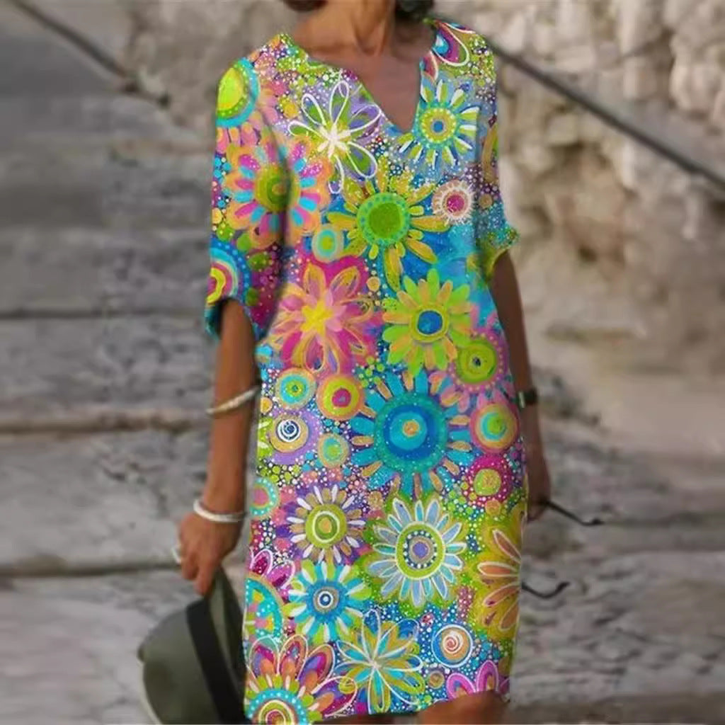 Damen lässiges Freizeitkleid mit floralen Mustern und V-Ausschnitt Shopnory