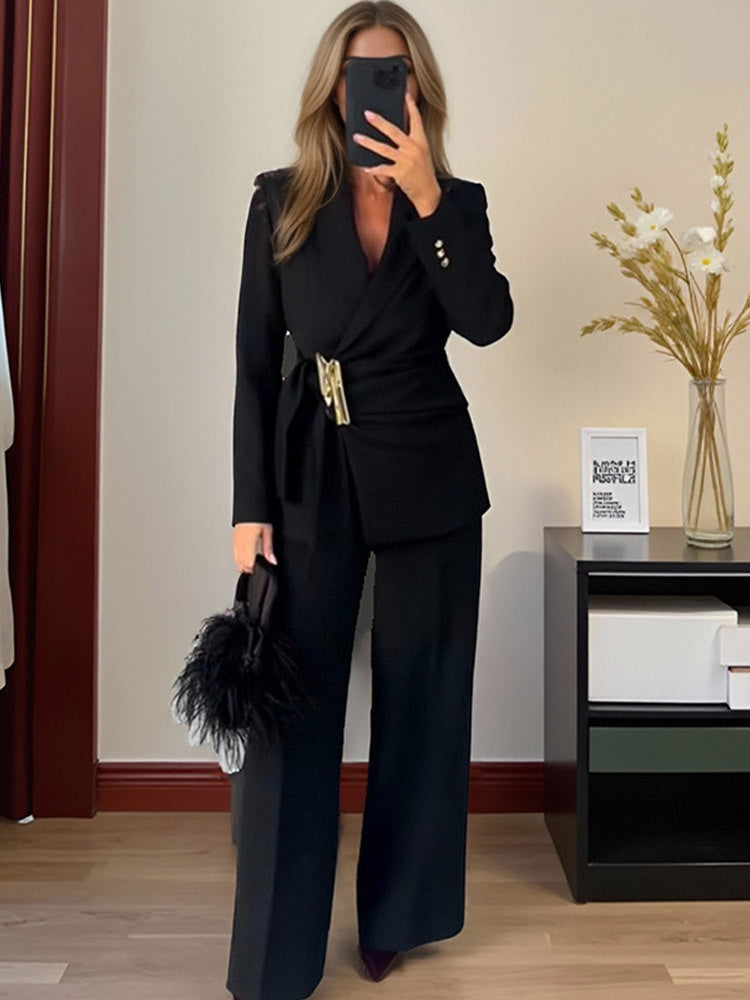 Damen Taillierter Wickel-Blazer mit Zier-Metallschließe & High‑Waist Palazzo‑Hose Shop Nory