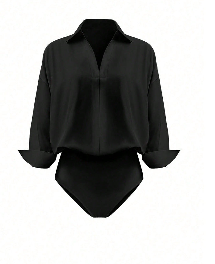 Damen Eleganter Hemdblusen-Body mit V-Ausschnitt, Oversize‑Schnitt und Umschlagmanschetten Shop Nory