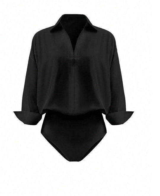 Damen Eleganter Hemdblusen-Body mit V-Ausschnitt, Oversize‑Schnitt und Umschlagmanschetten Shop Nory