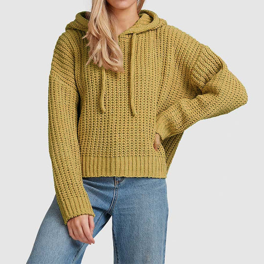 Damen Grobstrick-Kapuzenpullover mit Waffelstruktur, überschnittener Schulter und kurzem Saum Shop Nory