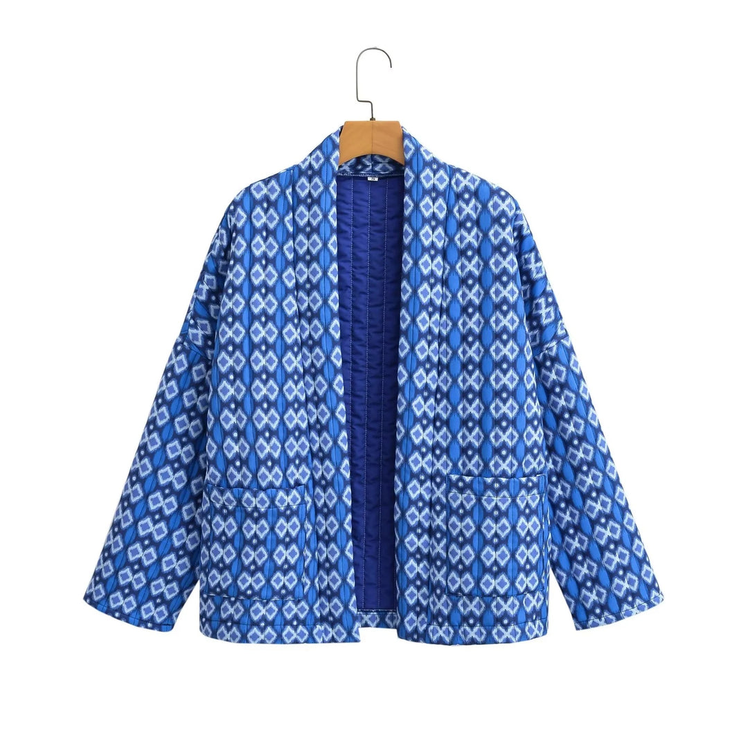 Damen Gemusterte Kimono-Steppjacke mit offener Front und aufgesetzten Taschen Shop Nory