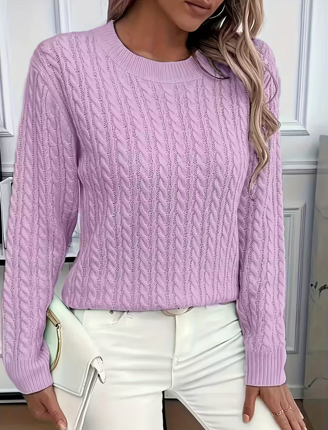 Damen Kurz geschnittener Zopfmuster-Strickpullover mit Rundhalsausschnitt Shop Nory