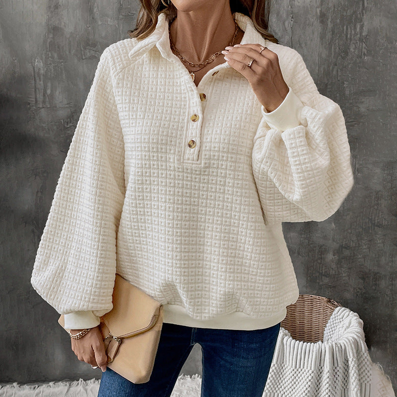 Damen Strukturierter Waffelstrick-Pullover mit Polokragen und Zierknopfleiste Shop Nory