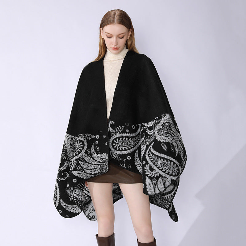 Damen Reversibler Jacquard-Capeponcho aus Wollmix mit Paisley-Motiv und offenem Fall Shop Nory