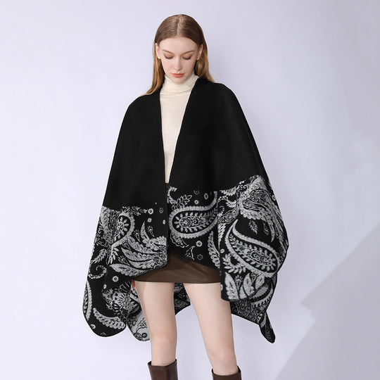 Damen Reversibler Jacquard-Capeponcho aus Wollmix mit Paisley-Motiv und offenem Fall Shop Nory