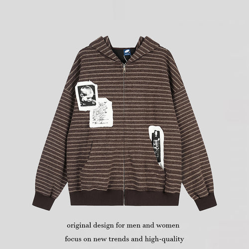 Unisex Kapuzen-Zipjacke im Oversize-Streifenlook mit Fotopatch-Applikationen Shop Nory