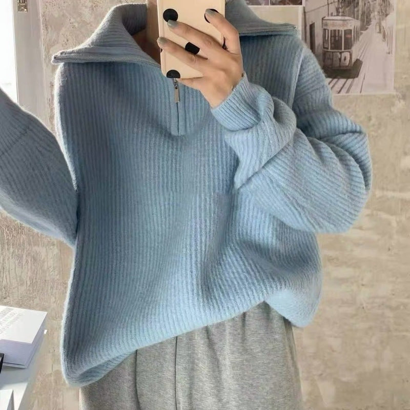 Damen Leichter Strickpullover mit hohem Kragen und Reißverschluss