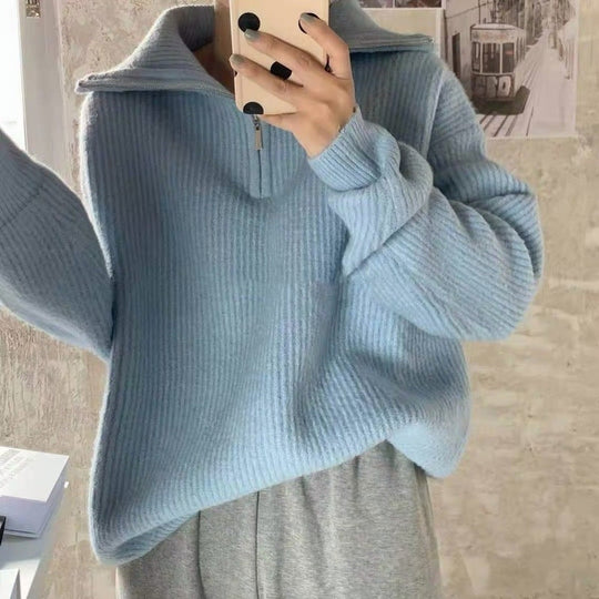 Damen Leichter Strickpullover mit hohem Kragen und Reißverschluss