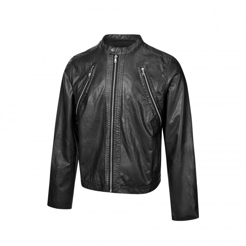 Herren Lederjacke im Bikerstil mit Stehkragen und diagonalen Reißverschlusstaschen Shop Nory