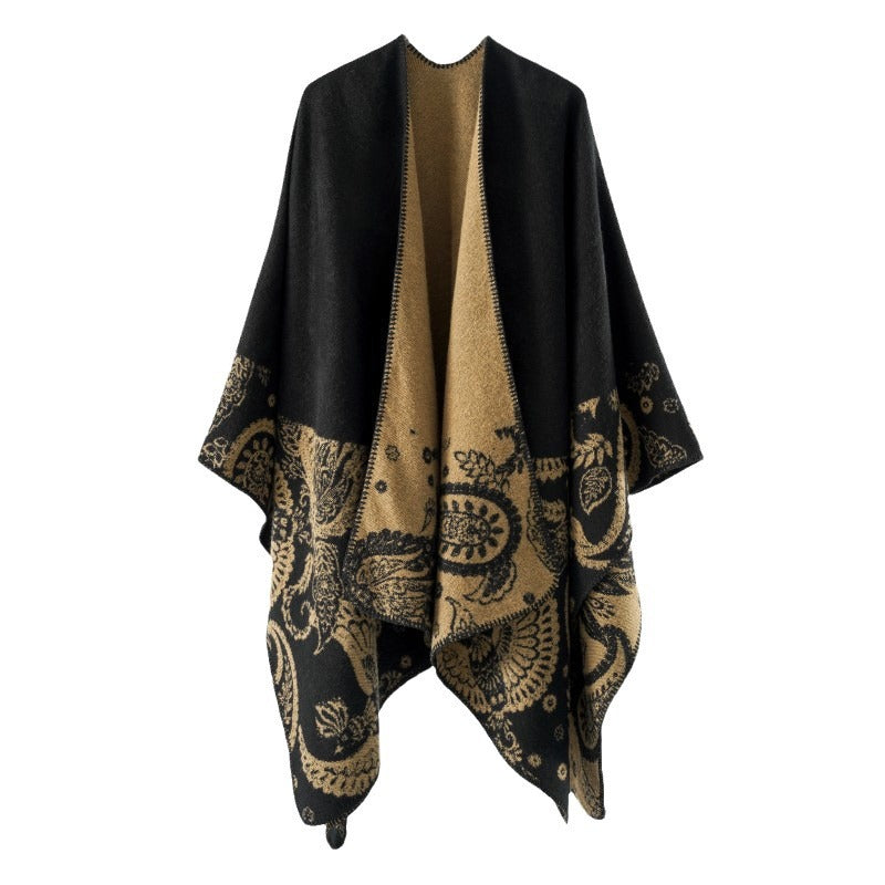 Damen Reversibler Jacquard-Capeponcho aus Wollmix mit Paisley-Motiv und offenem Fall Shop Nory