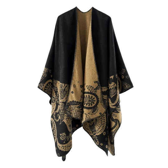 Damen Reversibler Jacquard-Capeponcho aus Wollmix mit Paisley-Motiv und offenem Fall Shop Nory