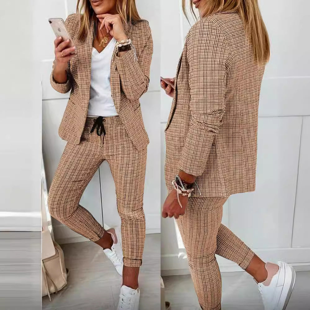 Damen nan zweiteiliges Karomuster Business-Casual Blazer-Set mit elastischer Bundhose Shop Nory