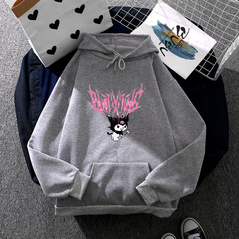 Damen nan lockeres Kapuzensweatshirt aus angerautem Fleece mit Kängurutasche und kawaii-Charakter-Print Shop Nory