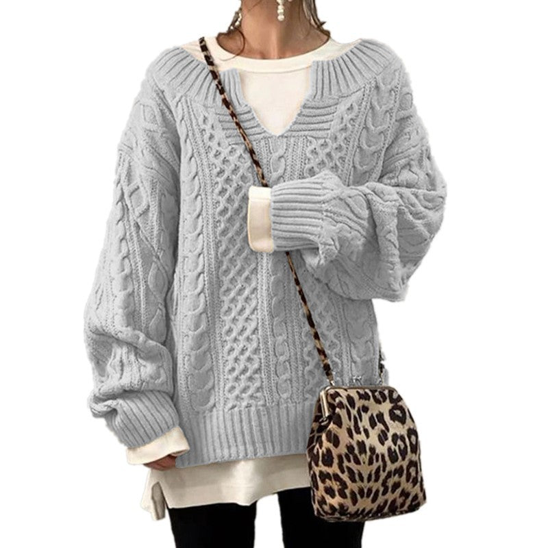 Damen nan weit geschnittener Strickpullover mit Zopfmuster und V-Ausschnitt Shop Nory