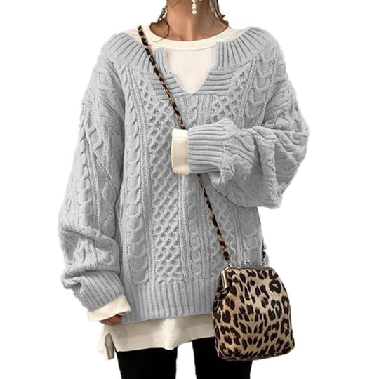 Damen nan weit geschnittener Strickpullover mit Zopfmuster und V-Ausschnitt Shop Nory
