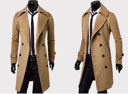 Herren taillierter zweireihiger Trenchcoat aus Wollmix mit klassischem Revers und Rückenschlitz Shop Nory