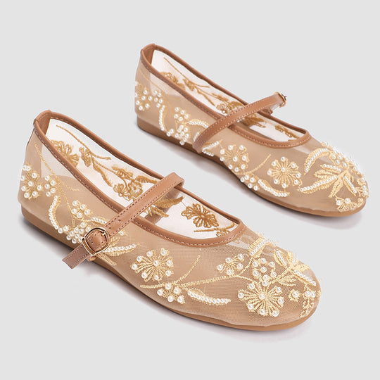 Damen Ballerinas mit floralem Stickereibesatz