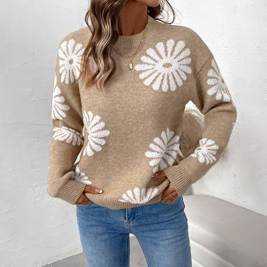 Damen Strickpullover mit Blumenintarsien, Rundhalsausschnitt und relaxed Fit Shop Nory
