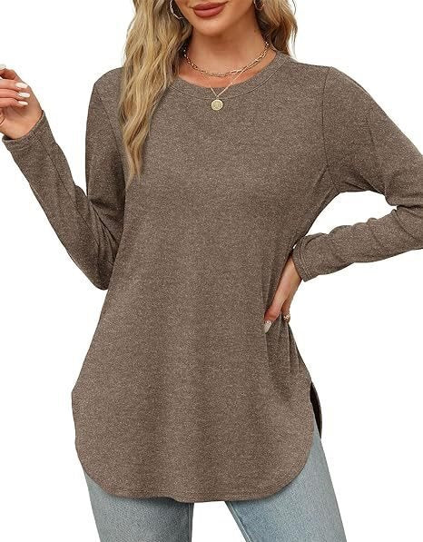 Damen Lässiges Longsleeve-Tunikaoberteil mit Rundhalsausschnitt, Seitenschlitzen und Aquarell-Blattprint Shop Nory