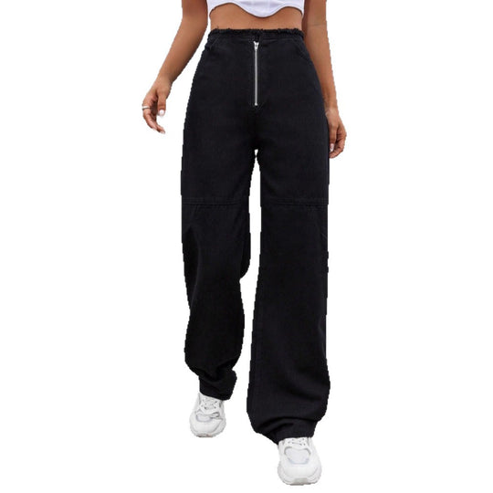 Damen Hochtaillierte Wide-Leg-Jeanshose mit sichtbarem Frontreißverschluss, Knie-Abnähern und rohem Bund Shop Nory