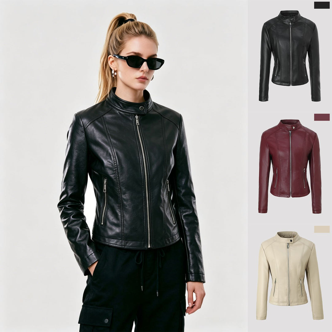 Damen Taillierte Lederjacke mit Stehkragen, vertikalen Ziernähten und Reißverschlusstaschen Shop Nory