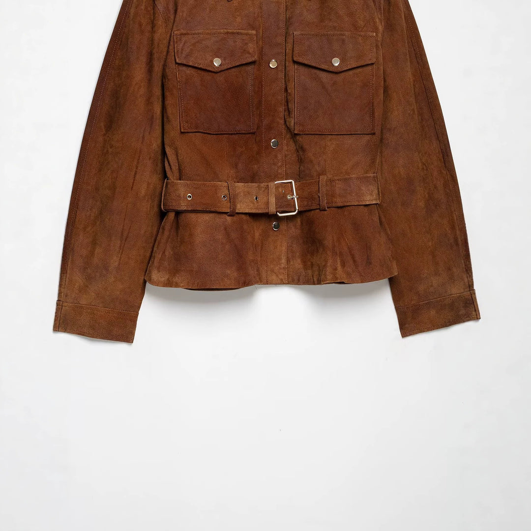Damen Kurzjacke im Safari‑Stil aus Veloursleder mit Taillengürtel und aufgesetzten Brusttaschen Shop Nory