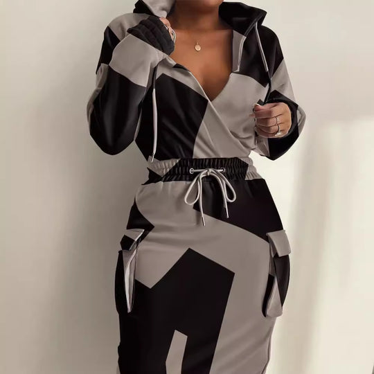 Damen Kapuzen Sweatkleid mit V-Ausschnitt, Kordelzug-Taille und Cargo-Taschen Shop Nory