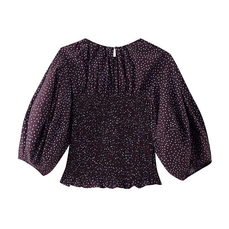 Damen gerafftes Polka‑Dot Oberteil mit elastischem Smock‑Korpus, Ballonärmeln und Volantsaum Shop Nory